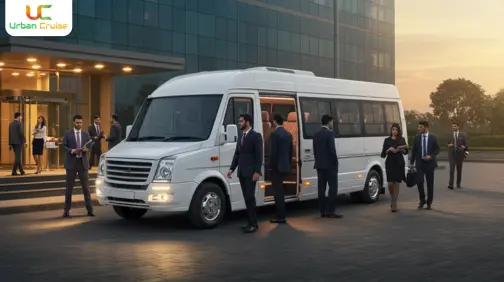 : Luxury Tempo Traveller for Corporate Events - professional 9-26 seater vehicle with air conditioning, comfortable seating, and luggage space for business transportation