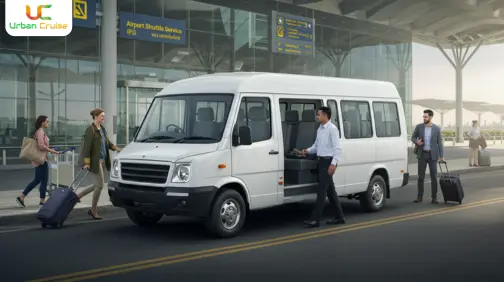 Tempo Traveller Booking for Airport Pickup /Drop - reliable 9-26 seater vehicle with air conditioning, comfortable seating, and luggage space for airport transfers