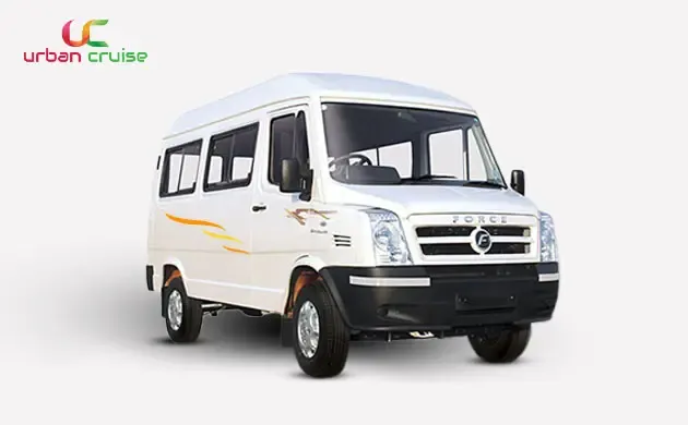 9 seater white coloured force tempo traveller on rent in Mumbai