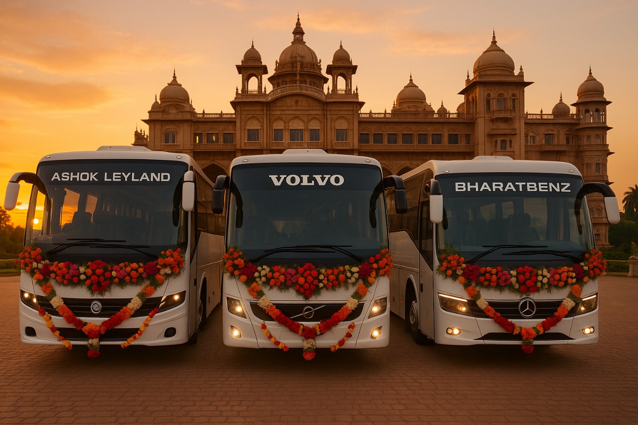 Volvo, Ashok Leyland, and BharatBenz buses for marriage booking.